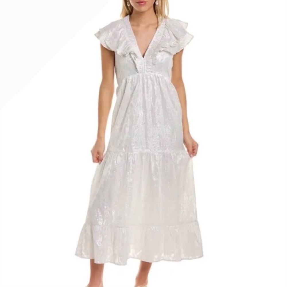 Roller Rabbit Anse White Silvery Lurex Paisley Tiered Ruffle Midi Dress  Small‎ - Picture 2 of 8